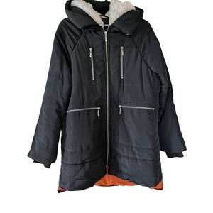 Fashion Nova Black Skater style Ski Jacket with Orange Lining Accents